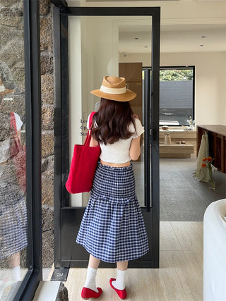 White Shoulder Top with Plaid Skirt
