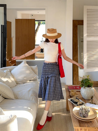 White Shoulder Top with Plaid Skirt