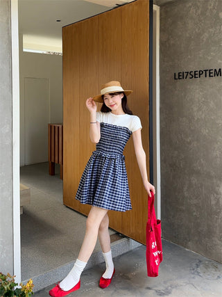 White Shoulder Top with Plaid Skirt