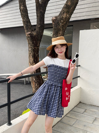 White Shoulder Top with Plaid Skirt