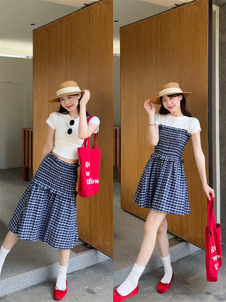 White Shoulder Top with Plaid Skirt