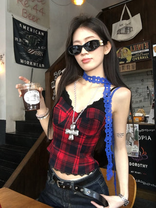 Lace Sling Vest with Plaid Top