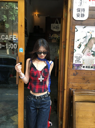 Lace Sling Vest with Plaid Top