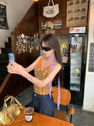 Lace Sling Vest with Plaid Top