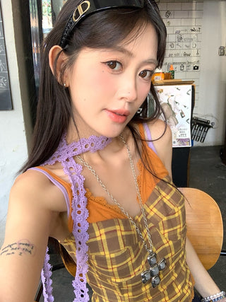 Lace Sling Vest with Plaid Top