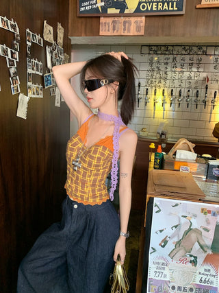 Lace Sling Vest with Plaid Top