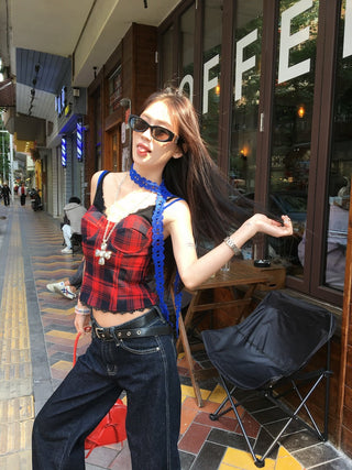 Lace Sling Vest with Plaid Top