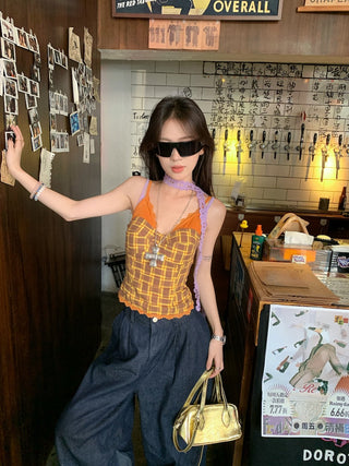 Lace Sling Vest with Plaid Top