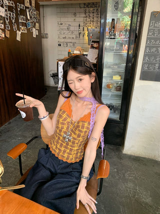 Lace Sling Vest with Plaid Top