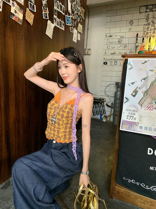 Lace Sling Vest with Plaid Top