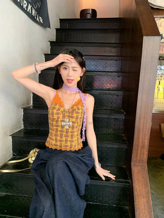 Lace Sling Vest with Plaid Top