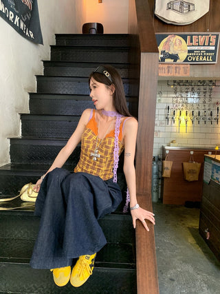 Lace Sling Vest with Plaid Top