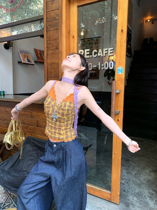 Lace Sling Vest with Plaid Top