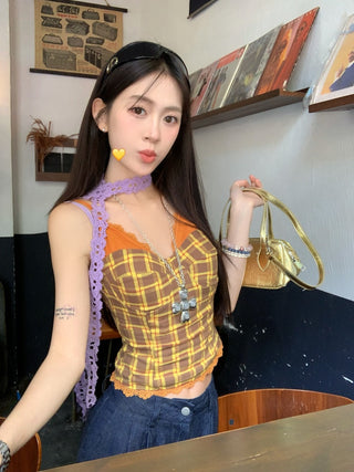 Lace Sling Vest with Plaid Top