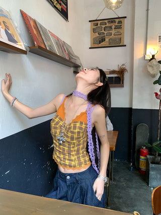 Lace Sling Vest with Plaid Top