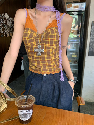 Lace Sling Vest with Plaid Top