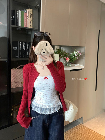 Bow Lace Vest with Red Cardigan