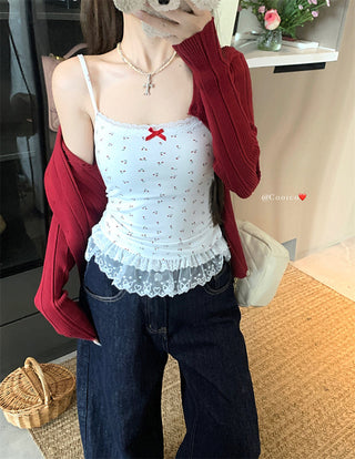 Bow Lace Vest with Red Cardigan