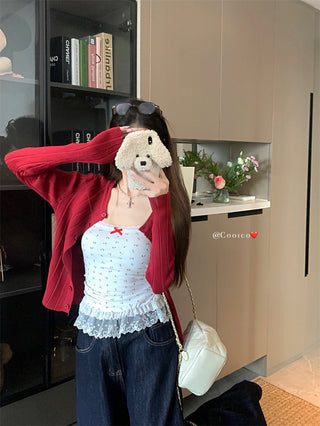Bow Lace Vest with Red Cardigan