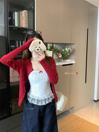 Bow Lace Vest with Red Cardigan