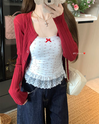Bow Lace Vest with Red Cardigan