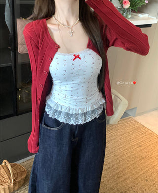 Bow Lace Vest with Red Cardigan