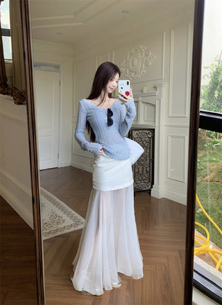 V-Neck Blouse with Skirt