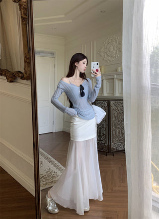 V-Neck Blouse with Skirt