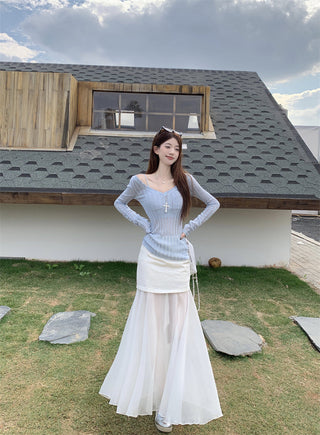 V-Neck Blouse with Skirt