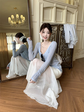 V-Neck Blouse with Skirt