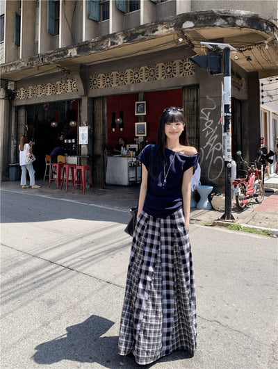 Irregular Shoulder Top with Plaid Skirt