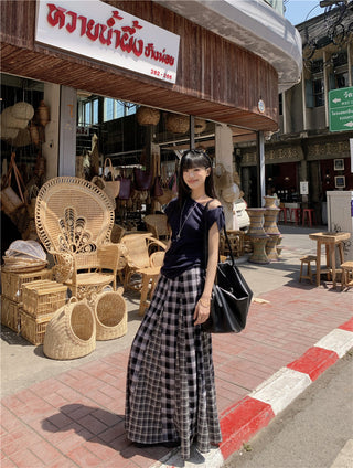 Irregular Shoulder Top with Plaid Skirt