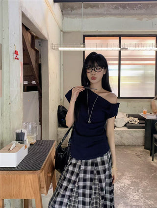 Irregular Shoulder Top with Plaid Skirt