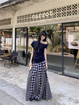 Irregular Shoulder Top with Plaid Skirt