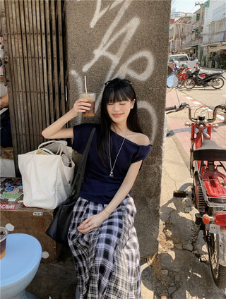 Irregular Shoulder Top with Plaid Skirt