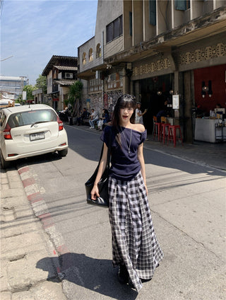 Irregular Shoulder Top with Plaid Skirt