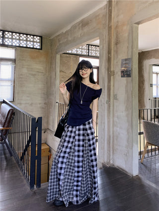 Irregular Shoulder Top with Plaid Skirt