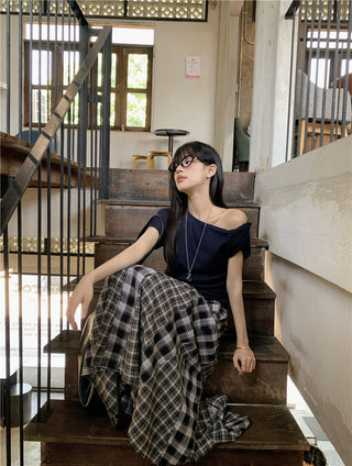 Irregular Shoulder Top with Plaid Skirt