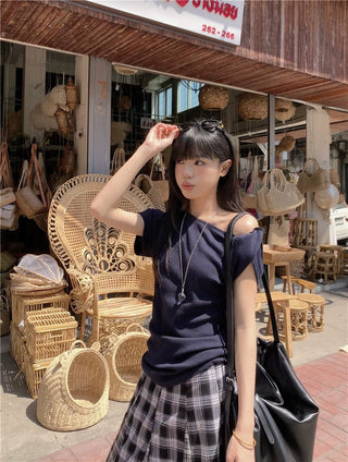 Irregular Shoulder Top with Plaid Skirt