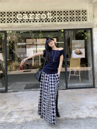 Irregular Shoulder Top with Plaid Skirt