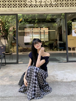 Irregular Shoulder Top with Plaid Skirt