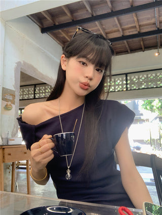 Irregular Shoulder Top with Plaid Skirt