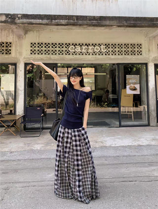 Irregular Shoulder Top with Plaid Skirt