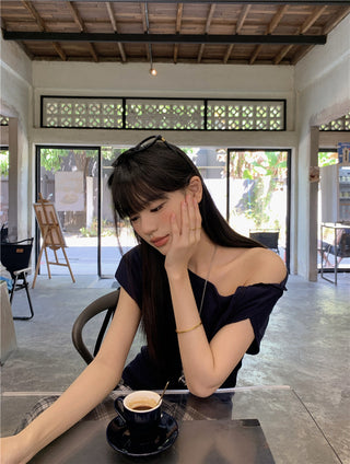Irregular Shoulder Top with Plaid Skirt