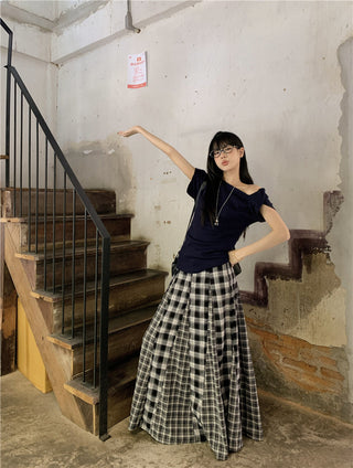 Irregular Shoulder Top with Plaid Skirt