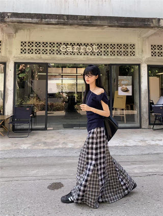 Irregular Shoulder Top with Plaid Skirt