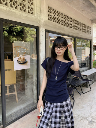Irregular Shoulder Top with Plaid Skirt