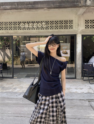 Irregular Shoulder Top with Plaid Skirt