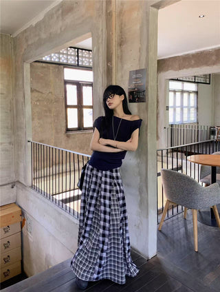 Irregular Shoulder Top with Plaid Skirt