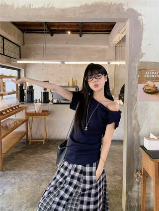 Irregular Shoulder Top with Plaid Skirt